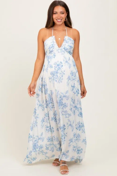 Pinkblush Blue Floral Tie-back Halter Maxi Dress In White