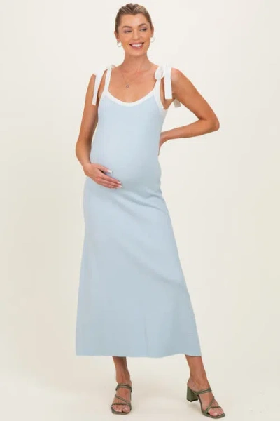 Pinkblush Blue Knit Contrast Shoulder Tie Dress In Light Blue
