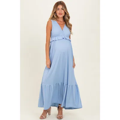 Pinkblush Blue Ribbed Sleeveless V-neck Ruffle Tiered Maxi Dress In Light Blue
