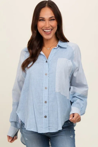 Pinkblush Blue Striped Colorblock Button Up Top