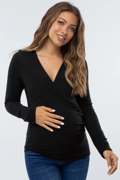 Pinkblush Brushed Knit Wrap Front Top In Black