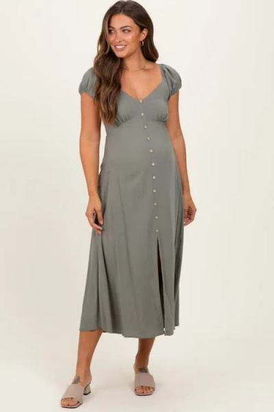 Pinkblush Button Accent Front Slit Midi Dress In Gray