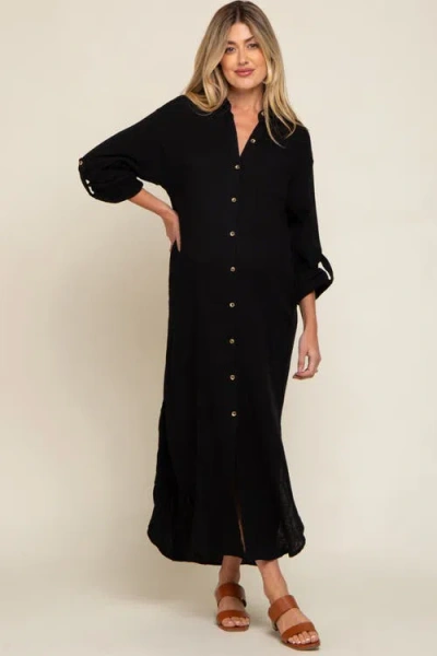 Pinkblush Button Down 3/4 Sleeve Midi Dress In Black