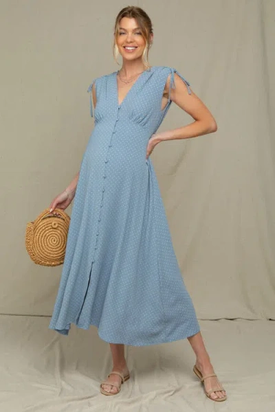 Pinkblush Button-down Polka Dot Shirred Bow Midi Dress In Blue