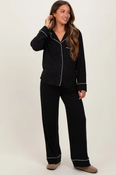 Pinkblush Button Down Top Wide Leg Pant Pajama Set In Black