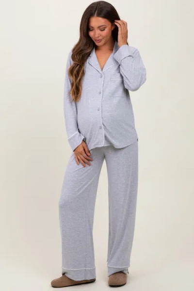 Pinkblush Button Down Top Wide Leg Pant Pajama Set In Gray
