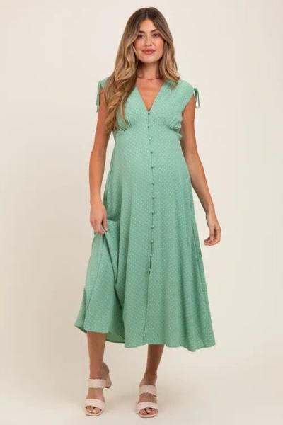 Pinkblush Button-down Polka Dot Shirred Bow Midi Dress In Green