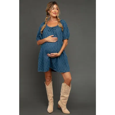 Pinkblush Chambray Jacquard Puff Sleeve Mini Dress In Navy Blue
