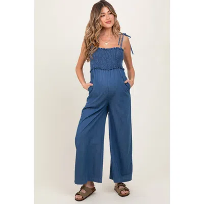 Pinkblush Chambray Shoulder Tie Smocked Jumpsuit In Blue