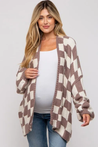 Pinkblush Checkered Print Oversized Cardigan In Brown