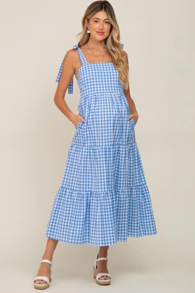 Pinkblush Checkered Sleeveless Tiered Maxi Dress In Blue