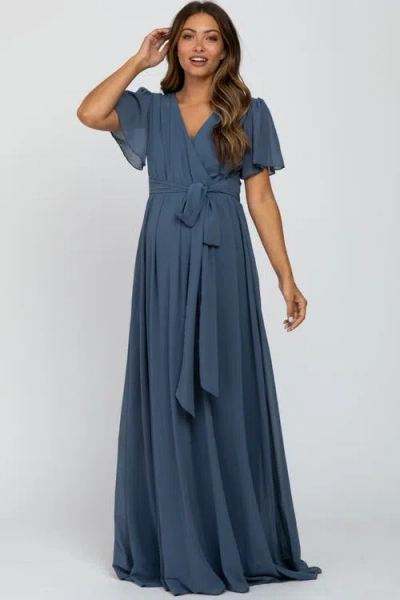 Pinkblush Chiffon Short Sleeve Maxi Dress In Blue