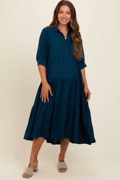 Pinkblush Collared Button Up Tiered Midi Dress In Blue