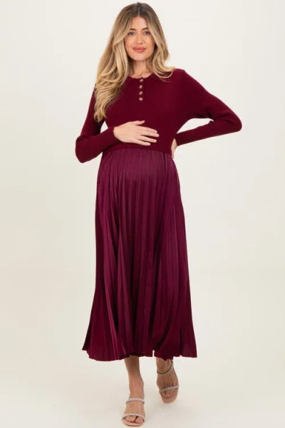 Pinkblush Collared Knit Contrast Pleated Skirt Midi Dress In Burgundy
