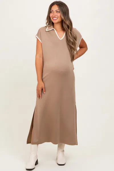 Pinkblush Collared Stitch Detail Short Sleeve Midi Dress In Mocha