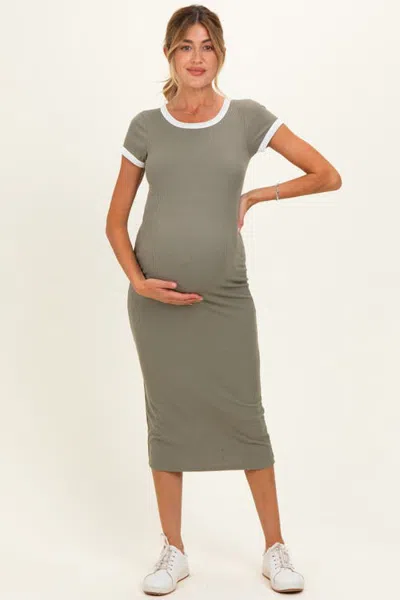 Pinkblush Colorblock Trim Midi Dress In Olive Green