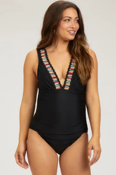 Pinkblush Crochet Accent Sleeveless One Piece Swimsuit In Black