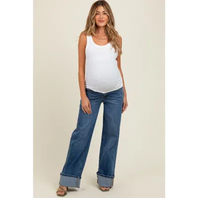 Pinkblush Cuffed Hem Baggy Wide Leg Maternity Jeans In Blue