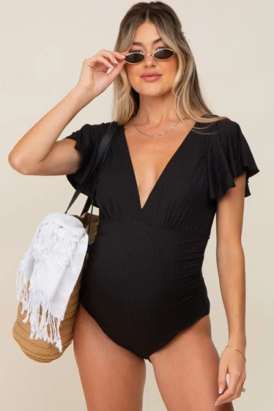 Pinkblush Deep V-neck Flounce One Piece Swimsuit In Black