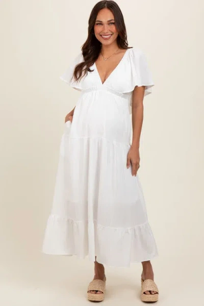Pinkblush Deep V-neck Flutter Sleeve Tiered Midi Dress In White
