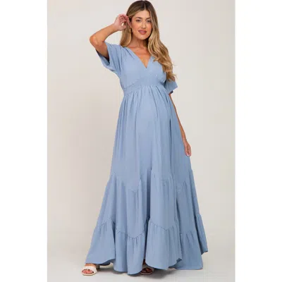Pinkblush Deep V-neck Maxi Dress In Blue