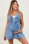Pinkblush Deep V-neck Pleated Front Tie Sleeveless Romper In Blue