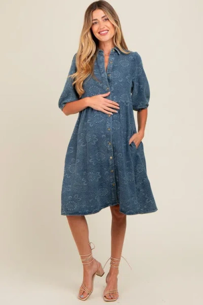 Pinkblush Denim Button Front Short Puff Sleeve Dress In Blue