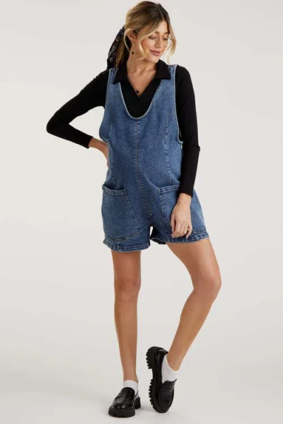Pinkblush Denim Scoop Neck Short Overall In Blue