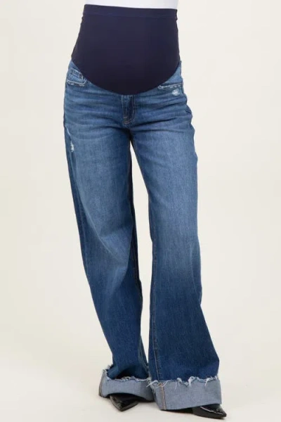 Pinkblush Distressed Cuffed Baggy Wide Leg Maternity Jeans In Blue
