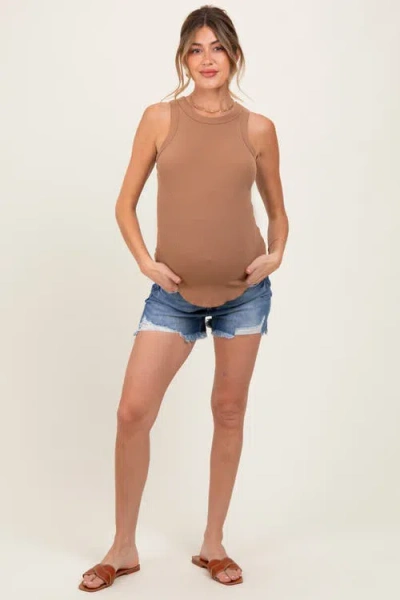 Pinkblush Distressed Fringe Hem Maternity Jean Shorts In Brown