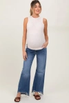 Pinkblush Distressed Fringe Hi-lo Hem Cropped Flare Maternity Jeans In Blue