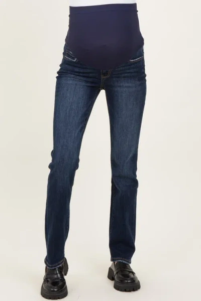 Pinkblush Distressed Hem Slim Straight Leg Maternity Jeans In Blue