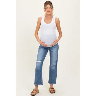 Pinkblush Distressed Open Knee Ankle Straight Leg Maternity Jeans In Blue