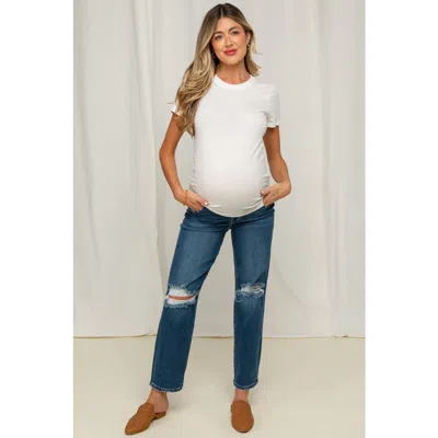 Pinkblush Distressed Open Knee Cropped Maternity Straight Leg Jeans In Blue