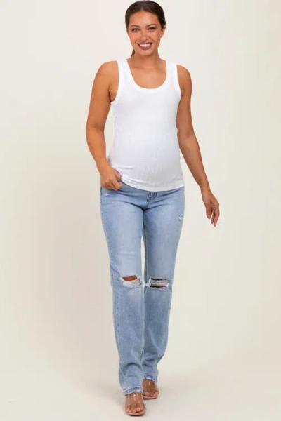 Pinkblush Distressed Ripped Knee Straight Leg Maternity Jeans In Blue