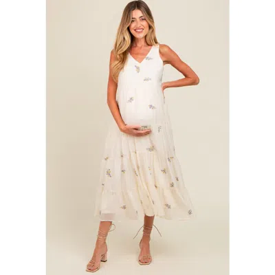 Pinkblush Ditsy Floral Embroidered V Neck Tiered Dress In White