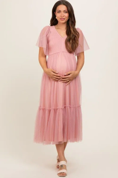 Pinkblush Dotted Tulle Smocked Maternity Midi Dress