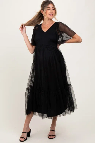 Pinkblush Dotted Tulle Smocked Midi Dress In Black
