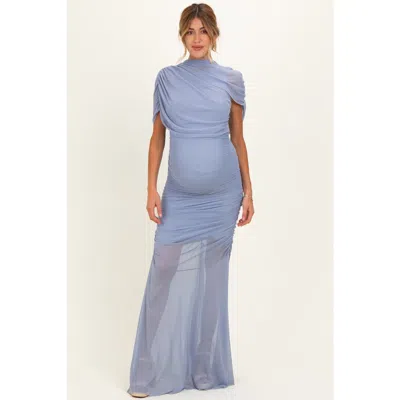 Pinkblush Draped Bodice Ruched Mesh Maxi Dress In Blue