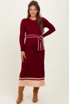 Pinkblush Elegant Ribbed Midi Sweater Dress With Belt In Burgundy