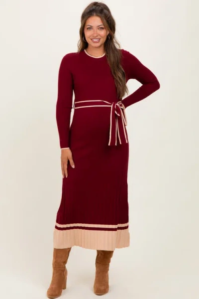 Pinkblush Elegant Ribbed Midi Sweater Dress With Belt In Burgundy