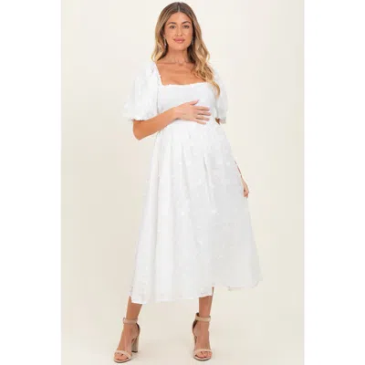 Pinkblush Embroidered Floral Puff Sleeve Midi Dress In White