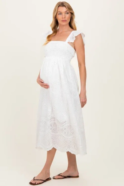 Pinkblush Embroidered Smocked Cutout Midi Dress In White