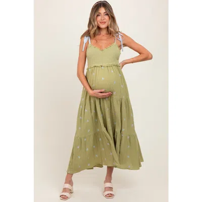 Pinkblush Embroidered Smocked Shoulder Tie Maxi Dress In Green