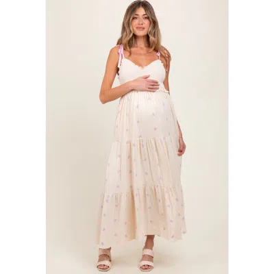 Pinkblush Embroidered Smocked Shoulder Tie Maxi Dress In Neutral