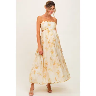 Pinkblush Faded Floral Scallop Edge Cutout Midi Dress In Yellow