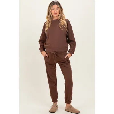 Pinkblush Fleece Long Sleeve Pullover & Jogger Set In Brown