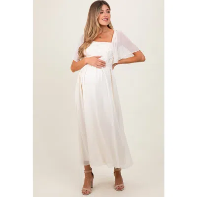 Pinkblush Floral Applique Flutter Sleeved Midi Dress In White