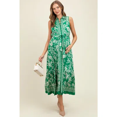 Pinkblush Floral Border Print Lapel Button Down Maxi Dress In Green