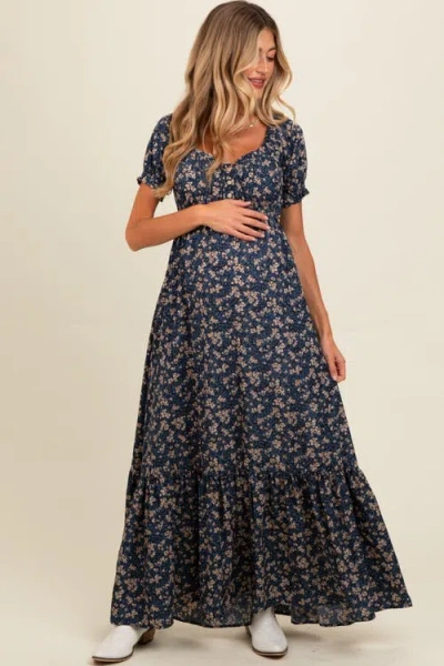 Pinkblush Floral Button Accent Maxi Dress In Blue